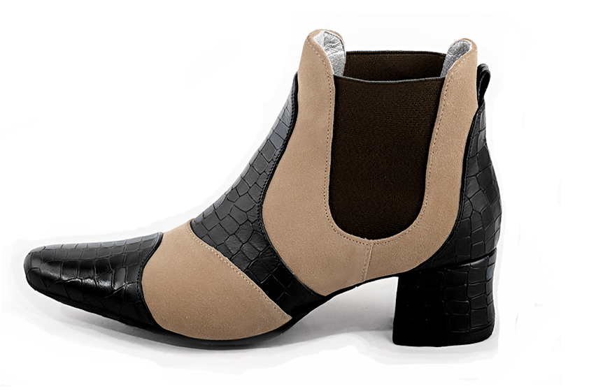 Satin black, tan beige and dark brown women's ankle boots, with elastics. Round toe. Low flare heels. Profile view - Florence KOOIJMAN